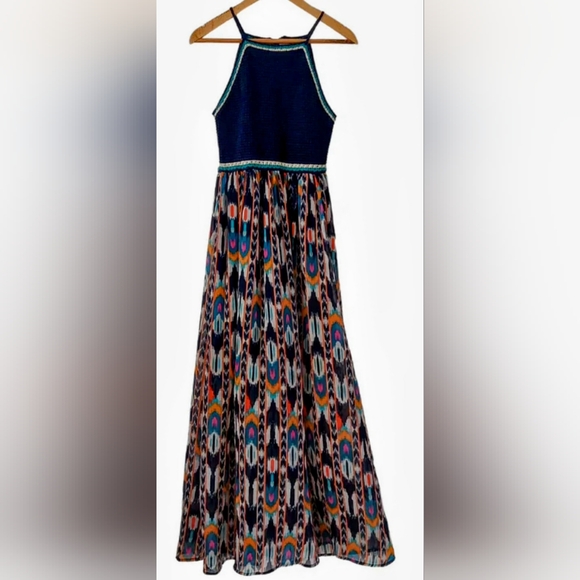 Xhiliration~Blue Crochet Tank Top Bohemian Colorful Aztec Maxi Dress - Picture 14 of 14